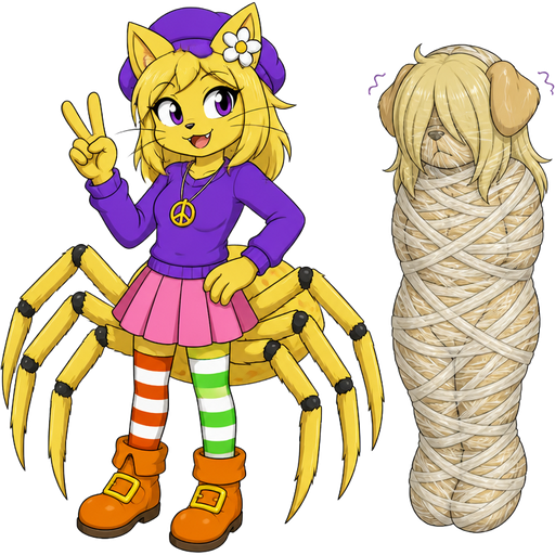 Yellow cat anthro with purple eyes blonde hair purple hat with white flower peace sign necklace purple long sleeved shirt pink skirt long red white green socks orange boots with yellow buckles drider hybrid next to blonde hair cocoon mummified completely covered anthro dog whimper mouth covered with blonde hair webbing