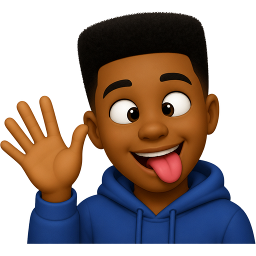 An African-American teen in a flat top making a funny face cross eyes whilst waving hi in a goofy way