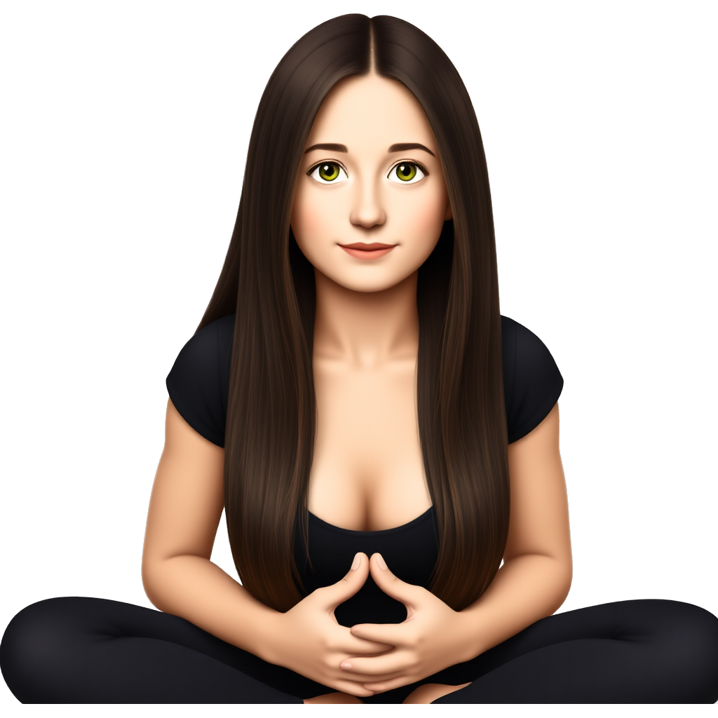 Beautiful white girl with perfect dark brown long hair and green eyes sitting in yoga pose with black outfit (short sleeve top)
