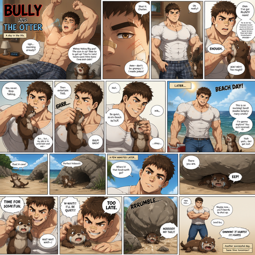 A COMIC BOOK STORY very Full page Anime Comic book story about of a Bulky ANIME Cute Bara Man American 20 year old with a ROUND and BASIC facial structure and Young Adult BARA CUTE that is Peach Toned skin not anything else MALE not to detailed With bigger than average Pecs that are visible through the shirt and Biceps and a big Bandaid on his nose and Left Cheek and Right Eye brow with Scars all over his Chest and arms. Wearing a white shirt that is tight around the waist and Jeans drenched in sweat and Short and Brown strait Fluffy Hair and Strait with brown eyes and black eyebrows with a Three finger Slash on his Eyebrow. With no Facial Hair. Waking up in the morning in pajamas and his pet baby otter that Talks to much but Excessively bully’s it by holding his collar around his neck. And then they go to the beach and the otter has the goes and try’s to find as rock to hide under and he finds the otter and then looses his tail from a boulder Excessively bully’s him more