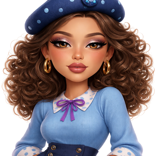 Blueberry Muffin with a Neutral Olive Beige Skin Tone adding to it a Heavy Upper Lip furthering the Deepset Eyelashes with a Velvety Matte Mauve Moment Lipstick Style Finish with a HD Glitter Eyeshadow Makeup Look with a Modern Tail-Arched Eyebrow and also Wide Set eyes, Going into a Rectangular Face Shape and a Mature Adult Toned Build and Deep set Earlobes Wearing a Dark Blue Beret with Light Blue Polka Dots all around it and a Light Blue Blueberry Clip at the Very top with Fizzy Curly Brown Hair with a Blue Long Sleeve Shirt with the Top of the Neckline being White with Blue Polka Dots and the bottom of the Sleeve are White with Blue Polka Dots and also the shirt has a thin Purple Bow in the Middle Wearing Dark Blue Pants and 4 Buttons on the top Side and Purple Lilac with a Luminous Glazed Complexion and a Naturalistic Animation with a Luxury Glossy with a Refined Pristine Set Up and a Theatrical Appearance