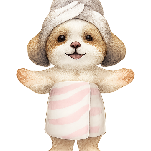 Hazme una perrita shihtzu con pelaje blanco con café, orejas cafés claras y en la punta café oscuras, que esté parada en 2 patas con los brazos abiertos y que tenga carita tierna y feliz, que tenga como puesta una toalla blanca con líneas rosadas pastel en pecho como strapless y en la cabeza una toalla también y que se vea de la punta de sus pies hasta la punta de la toalla ya que es para un sticker