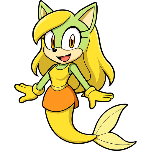 light green vixen smiling with yellow long hair orange eyes yellow gloves yellow dress with orange skirt attached to yellow mermaid tail with light yellow tail fins sonic x version