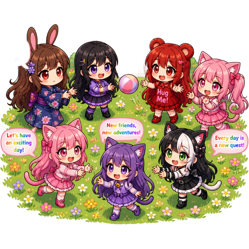 Creepy critters -new characters and new update instead of them being animals. All of them are now girls one is a girl with brown hair and brown eyes wearing the color of the evening sky with flowers on it yukata I don’t know which creepy critter that is I don’t know her name, but she used to be a bunny character. I think next we’ve got catnap as a girl with black hair and green eyes with a shiny moon collar. Her eyes can turn purple when she’s happy and they are purple right now next we have bobbby bbbbbear huuuuug she’s a girl with red hair and red eyes catnap wears a purple kitty hoodie, but she does not have the hood on right now and Bobby bear hug has a dress that is red with hot pink words that say “Hug Me!” we got three new characters #1: a pink cat girl with pink hair and pink eyes and pink ears and pink clothes and her name is Nyan-Chan #2: a cat girl with purple hair and purple eyes and purple clothes and purple ears named Fyan-Chan #3: a cat girl with black and white hair, black ears, black and white clothes and green eyes. They all eyes open and they are in a pink hotel on the sixth floor. There are seven floors they live on the sixth. they have message bubbles talking about their adventures on their head the letters on the message bubbles are rainbow and the message bubble color is pink They are outside of the hotel right now in a meadow the girl that Used to be a rabbit is not smiling it doesn’t mean she’s mad or sad. The girl who used to be a bunny actually has red eyes too. everyone else is happy the girl who used to be a bunny. It’s playing catch everyone. Everyone is happy and they still have the message bubbles talking about adventures.