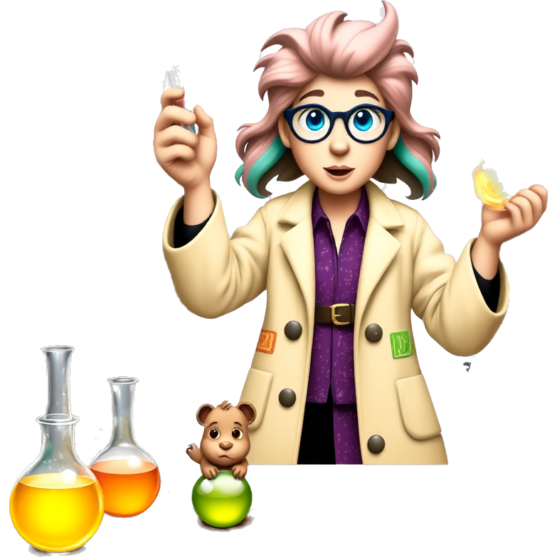 A whimsical scientist in a vibrant lab coat adorned with swirling galaxies conducts an experiment. She's surrounded by bubbling potions in glowing beakers, animated creatures assisting her. The lab is a kaleidoscope of colors, with floating books and quirky gadgets, creating a magical atmosphere of discovery and wonder.