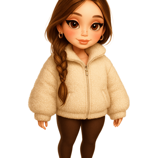 semi-realistic soft cartoon luxury glam, mini plush Bratz-doll aesthetic, cinematic glow, crisp clean detail, glossy glam skin. brown eyed skinny Petite girl, fair skin with soft freckles, wide face with tall forehead, honey-brown almond wide-set upturned eyes, fluttery lashes, shimmer highlight, plush lips, bottom heavy lip, sweet Belle-princess vibe, long straight medium brown hair with visible light blonde highlights, softly defined feminine body, soft hourglass shape with full round bust, oversized long cream sherpa jacket zipped up, paired with dark brown leggings, white platform sneakers, warm honey gloss, hair in soft side-parted fishtail braid over shoulder with tendrils framing face, thin gold double hoop earrings, almond shimmer eyeshadow and subtle coral blush. Cozy romantic glow, soft warm lighting, pop-princess energy