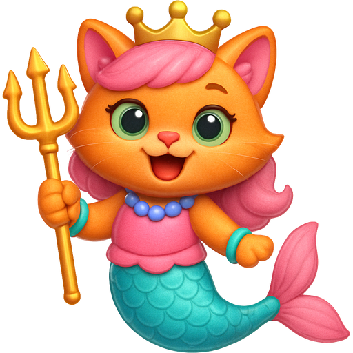 toy version orange cat smiling with pink hair green eyes golden crown with light purple necklace light cyan braclets pink dress with pink skirt attached to cyan mermaid tail with pink tail fins holding a golden trident toy version