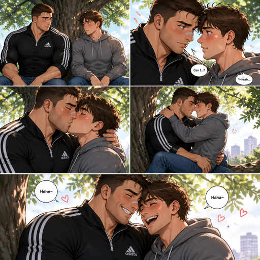 A Real life Full Body anime comic book view of a Chunky but Muscular and more Muscle than Fat ANIME Cute Bara Man Who looks Normal and American with a round facial Structure and Basic facial structure With Puffy and Big Pecs that are visible through the shirt and Biceps and Bandaid on his nose. Wearing an Adidas Soccer Quarter Zip and Jeans. Both Siting on tree with his Crush blushing Both blushing and and then kiss and he sits on his lap and they giggles