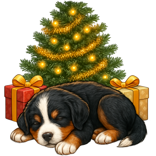 Berneses mountain puppy sleeping under Christmas tree with yellow white lights and tinsel and presents surrounding him