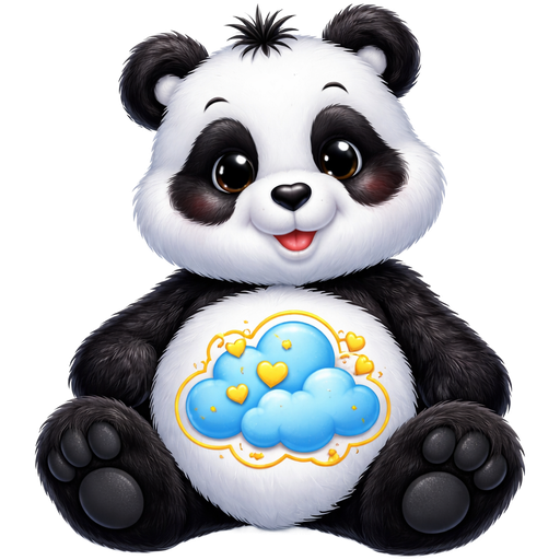 Good Fortune Panda Black and White Care Bear with a Blue Cloud and Yellow Hearts Curled up in the Cursive Loops of the Cloud with Yellow Outlining the Outside on the Stomach with Black Fur Surrounding the Eyes and Black Tufts of Hair along with a Black Heart Nose