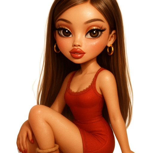 luxury glossy bratz doll romantic aesthetic, cinematic glow, crisp clean detail, glossy glam skin. brown eyed Petite girl, fair skin with soft freckles, long wide face with tall forehead, honey-golden almond wide-set upturned eyes, fluttery lashes, shimmer highlight, plush lips, bottom heavy lip, sweet Belle-princess vibe, long straight brunette hair with visible light blonde highlights, softly defined feminine body, softly defined body shape with full round bust, wearing a round necked SKIMS lace trim brick red romper, ugg mini boots, brick red & brown ombre almond shaped nails, small gold thick hoop earrings, toasty makeup, hair long straight & sleek low pony over shoulder, sitting. full body showing. Cozy romantic glow, soft warm lighting, pop-princess energy, shimmer highlight, sparkly glow