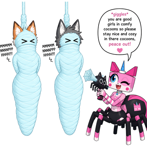 wrapped up and mummified fully covered in a #B8FFFF spider slik cocoon shaped like anthro female fox anthro arms behind back with #B8FFFF spider slik wrappings completely covered with thick layers non-transparent #B8FFFF spider slik wrappings hanged to the ceiling MMMMMNNNPPPHHH!!! on the left side next to wrapped up and mummified fully covered in a #B8FFFF spider slik cocoon shaped like anthro female wolf anthro arms behind back with #B8FFFF spider slik wrappings completely covered with thick layers non-transparent #B8FFFF spider slik wrappings hanged to the ceiling MMMMMNNNPPPHHH!!! on the left side next to happy anthro femboy pink cat drider based on unikitty holding #B8FFFF spider web blaster gun shaped like a spider black based on unikitty *giggles* you are good girls in comfy cocoons so please stay nice and cozy in there cocoons, peace out!