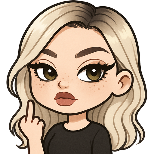 28 year old kind of a baddie with full but not too big lips a slight bumpy nose high cheek bones with freckles hazel eyes very long lashes winged eyeliner sparkly eyeliner and lips very fair skin with long slightly wavy ice blonde hair and dark roots parted to the side sticking up her middle finger