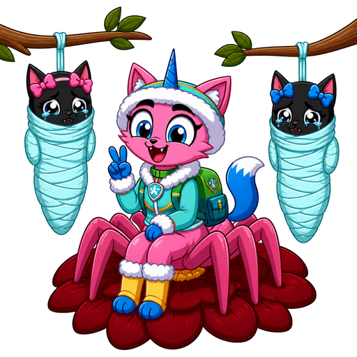 wrapped up and mummified fully covered in a #B8FFFF spider slik cocoon shaped like anthro black cat female anthro two pink hair bows whimpering teary eyes with arms behind back with #B8FFFF spider slik wrappings completely covered with thick layers non-transparent #B8FFFF spider slik wrappings hanged to the branch on the left side next to wrapped up and mummified fully covered in a #B8FFFF spider slik cocoon shaped like anthro black cat girl female anthro with 2 blue hair bows whimpering teary eyes arms behind back with #B8FFFF spider slik wrappings completely covered with thick layers non-transparent #B8FFFF spider slik wrappings hanged to the branch on the the right side next to happy pink cat anthro furry boy drider with blue and white tail white wrists blue hands white ankles yellow socks green collar blue unicorn horn based on unikitty wearing everest's hat and everest's clothing with everest's backpack doing victory sign sitting on a dark red flower