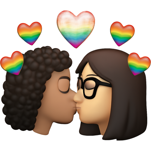 Two girl emojis kissing. One with light skin and dark curly hair and one with medium length straight dark hair and glasses. Rainbow Hearts around the girls