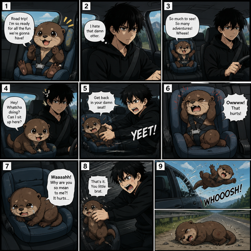 A comic book Picture by picture and shows impact of a A small baby cute otter that is in his booster seat in the back and talks about how ready he is for the fun there going to have and also in the car his Cute and Handsome owner who hates the otter wearing a Black Hoodie and Shorts owner who is on a road trip with his otter in the back and the otter climes to the front and Squirms in the front seat and is thrown back into his chair says it hurts. And he lays there and The otter cries and then he grabs the otter and then the otter flys out the window and rolls. And lays there on the side of the road