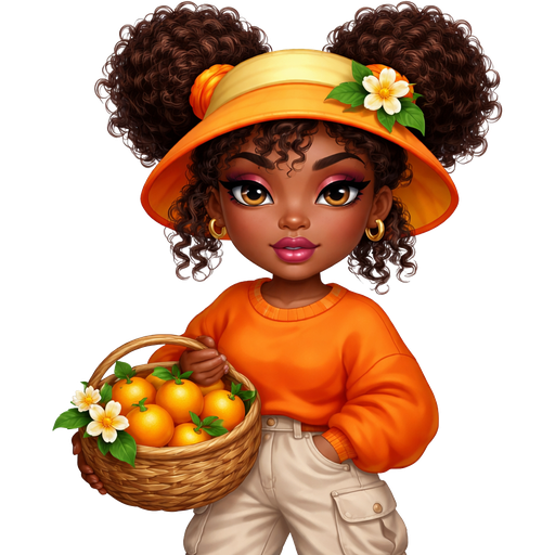 Orange Blossom with a Dark Warm Ebony Skin Tone and a Flipped up Bucket Hat with Yellow at the Top of the Hat and a Orange Brimming Trim in the Middle with the Bottom having a Dark Orange trim and a Lighter Orange Underneath it with a Orange Flower with Three Leaves on the Right Side with Two Afro- Textured Brown High Puff Curly Ponytails Wearing Natural Voluminous Eyelashes and Asymmetrical Type Lip Shape, Followed up with a Matte Purple Lipstick Finish and Magenta Eyeshadow along with a Modern Tail- Arched Eyebrow in Which the Eye-Shape is more of a Deep-set Type of Feature and the Scrunchies in her hair are also Orange She also have curly Bangs hanging at the Front of her hair Which is also wearing a Oversized Orange Long Sleeved Sweater with a light Orange Trim Going around the Neckline And Baggy Beige Pants with a Pocket on the side with Brown Leather Boots Carrying a Basket of Oranges with a Mature Adult Toned Build and Luxury Glossy