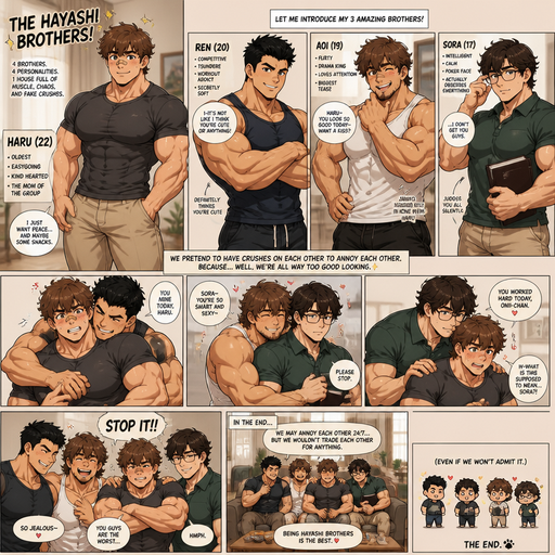 A Full Body Comic Book a story of a Bulky and hunky ANIME Cute Bara Man With Peach toned skin Who looks Normal and round facial Structure and Basic facial structure With Puffy and Big Pecs that are visible through the shirt and Biceps and Bandaid on his nose and Brown and fluffy hair. Wearing normal clothes. And the comic introduces each of his 3 Cute brothers and each with different personalities and all Beefy and Hunky. And the boys pretend to have crushes on each other to annoy each other cause there to good looking