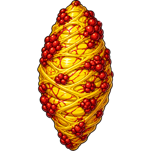 yellow slikworm cocoon with red clusters and small red veins and red clusters coating of yellow slik webbings tightly blooderfly cocoon for dungeon fighter online