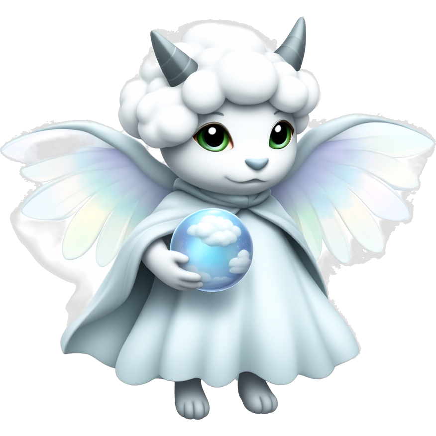 "Elemental Castform": A whimsical cloud creature adorned with shimmering, translucent wings that change colors with the weather. Dressed in a flowing, iridescent cloak that swirls like stormy skies, it carries a crystal orb that holds miniature weather patterns. Its eyes sparkle like the stars, embodying the essence of magic and nature.