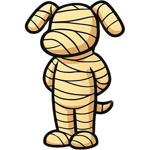 mummified anthro dog with no face arms behind back standing up legs together completely covered with layer of #F6E0A4 #FFEE99 #F1CF73 bandages completely covered with layer of #F6E0A4 #FFEE99 #F1CF73 bandages