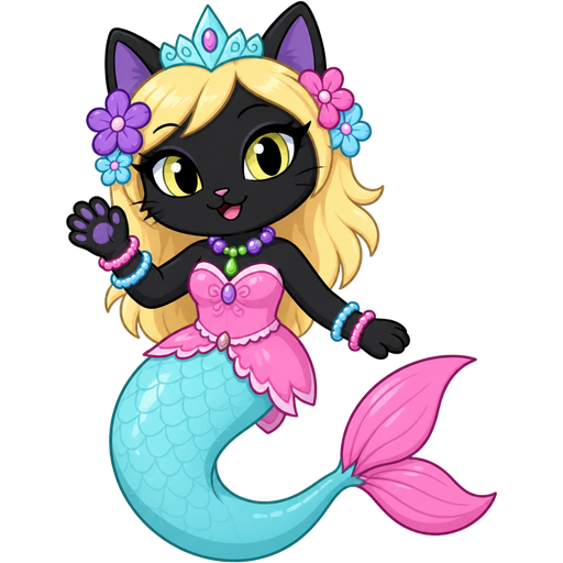 black cat with light yellow hair purple and blue flowers light cyan crown purple and green necklace pink and blue bracelets pink dress attached to long light cyan mermaid tail with pink tail fins based on sorket the cat naga