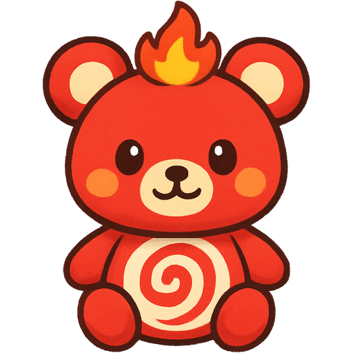 A fire themed care bear cute style red and white swirl marshmallow style like you would see at a carnival selling store