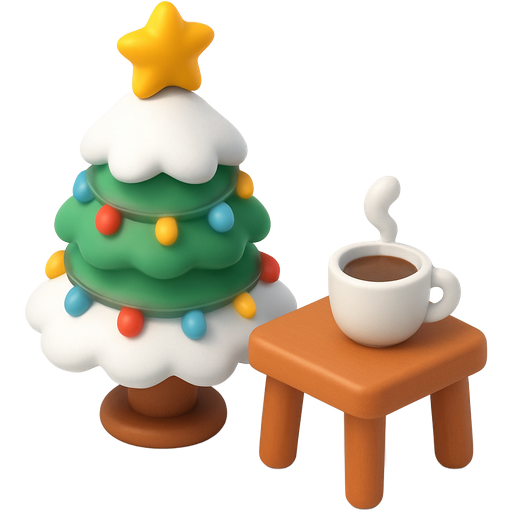 Cheerful Christmas image with a pine tree covered in snow and lights with a gold star on the top of the tree. A small table next to the tree right side with a cup of coffee on the table.
