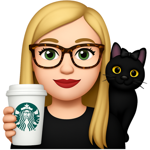 Fille blonde yeux vert maquiller cheveux lisse long avec un chat noir qui a un noeu sur la tete et la fille tien un starbuck a la main et a des lunettes style léopard