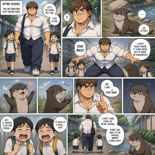 A Full Body Comic Book story view of a Bulky but Muscular ANIME Cute Bara Man With Peach toned skin Who looks Normal aind round facial Structure and Basic facial structure With Puffy and Big Pecs that are visible through the shirt and Biceps and Bandaid on his nose and Brown Fluffy and Strait hair. Wearing a baggy school uniform. At a school and walking his brothers. And Sees a otter and Protects but it tries to be friends but he says no and His brothers, and They cry.