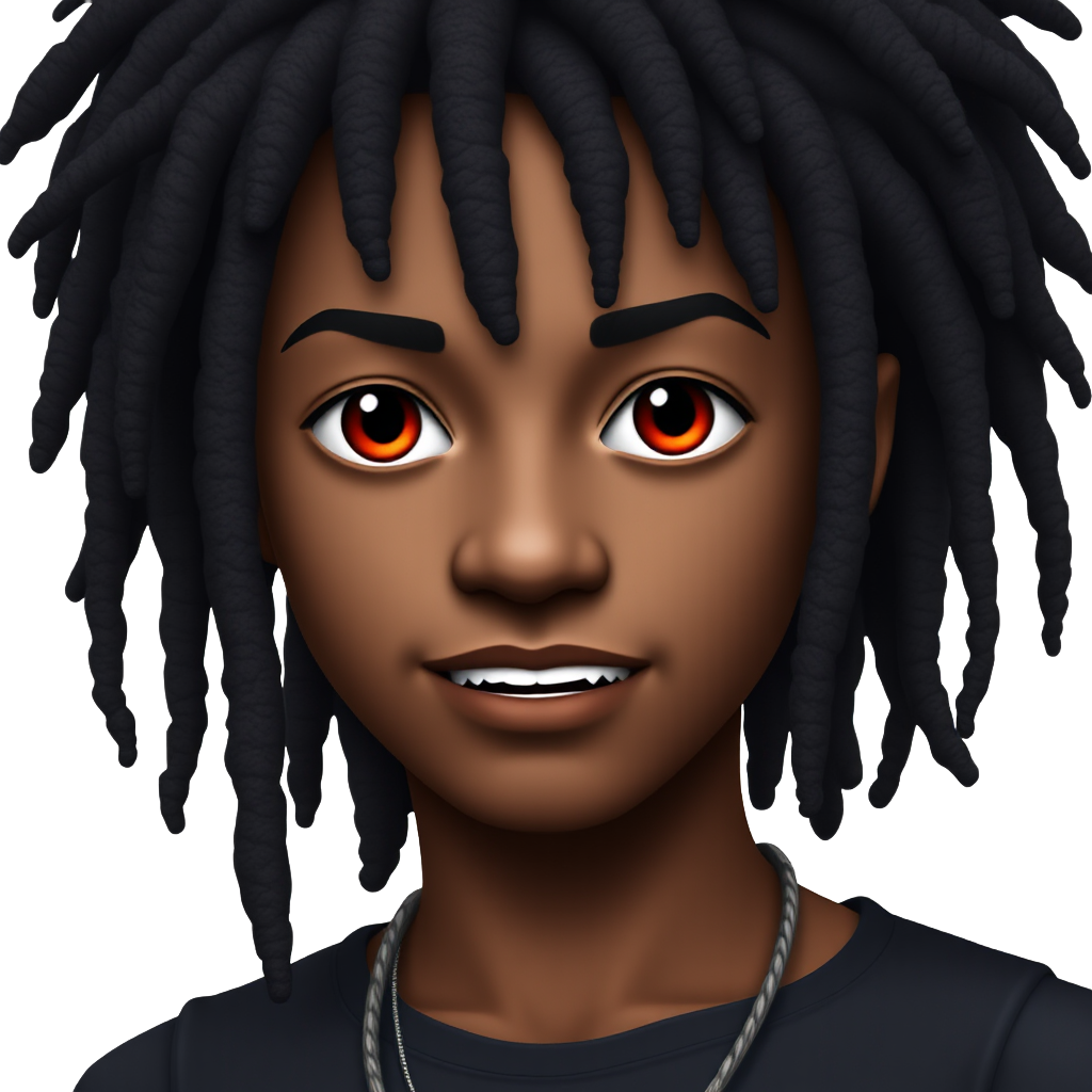 Boy, vampire, black hair, eye length emo rapper dreads, emo, fangs, african american skin, red eyes, blood, cute, full body