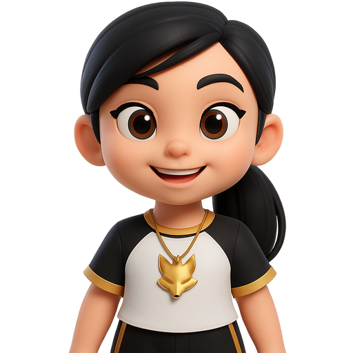 Zoey, K-pop Demon Hunters: White and gold T-shirt, black and gold top shirt. Black, white and gold shorts, black hair and magic fox talisman necklace