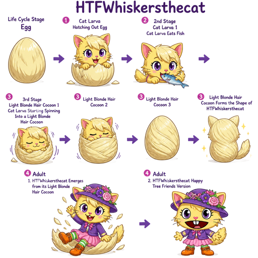 furry yellow cat anthro with purple eyes light blonde hair purple and pink florist hat and purple florist outfit green and white socks orange boots with buckles light pink skirt named HTFWhiskersthecat life cycle stage egg 1 cat larva hatching out egg 2nd stage cat larva 1 cat larva eats fish 3rd stage light blonde hair cocoon 1 cat larva starting spinning into a light blonde hair cocoon 2 light blonde hair cocoon 3 light blonde hair cocoon forms the shape of HTFWhiskersthecat 4th adult 1HTFWhiskersthecat emerges from its light blonde hair cocoon 2 HTFWhiskersthecat happy tree friends version