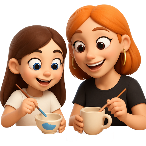 two girls (one brown long hair blue eyes 10 years old wearing a white shirt / one ginger hair with middle part and side bangs and brown eyes 27 years old wearing gold hoop earrings and a black shirt) painting ceramics and having fun