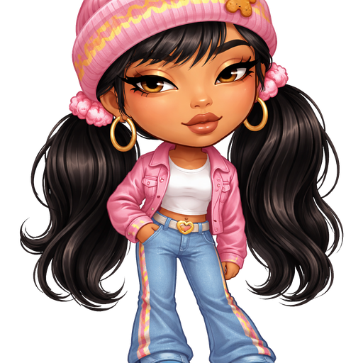 Ginger Snap with a Medium-Tan Neutral Amber Skin Tone and a Beanie with a Pink Stripe in the Center and a Yellow Squiggly Zigzag in the Middle of it and a Small Gingerbread Clip on the Flipped up Part of the Beanie with Jet Black Hair Tied into Ponytails with Pink Scrunchies on both sides of the hair with the Length of the Hair Being Long with a Mature Adult Toned Build and V- Shaped Bangs with Downward-Turned Lips with a Lifted Eyelash Finish Having a Cinnamon Matte Lipstick Style With a Candlelight Golden Glow Makeup Defiance In Which the Eyebrows Are Tapered, Monolid Eyes Shape with a Turned- Up Nose and a Diamond Face Shape With A White T-Shirt and Pink Jean Jacket with Blue Long Jeans with a Pattern of a pink Stripe and a zigzag going down the middle on the bottom of them Wearing Blue Denim Sneakers and a Yellow Belt with a Silver Heart Buckle and Luxury Glossy