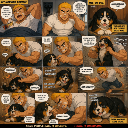 A Full page Anime Comic book story about of a Bulky ANIME Cute Bara Man American 20 year old with a ROUND and BASIC facial structure and Young Adult BARA CUTE that is Peach Toned skin not anything else MALE not to detailed With bigger than average Pecs that are visible through the shirt and Biceps and a big Bandaid on his nose and Left Cheek and Right Eye brow with Scars all over his Chest and arms. Wearing a White baggy shirt and jeans that is tight around the waist and Baggy Camo Cargo pants drenched in sweat and Short and yellowish orange Hair and Bright Gold Fluffy Hair and Strait with brown eyes and black eyebrows with a Three finger Slash on his Eyebrow. With no Facial Hair. Waking up in the morning in pajamas and his pet Bernese mountain Dog Puppy but Excessively bully’s it and the dog cries and cries and tries to run away but catches him and Excessively bully’s him