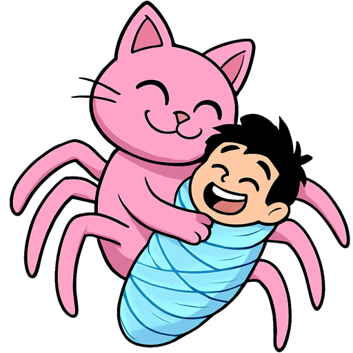 a giant pink spider cat hugging#B8FFFF cocooned body wrapped up black haired boy happy covered with thick coat of #B8FFFF webbing in a giant #B8FFFF spider web