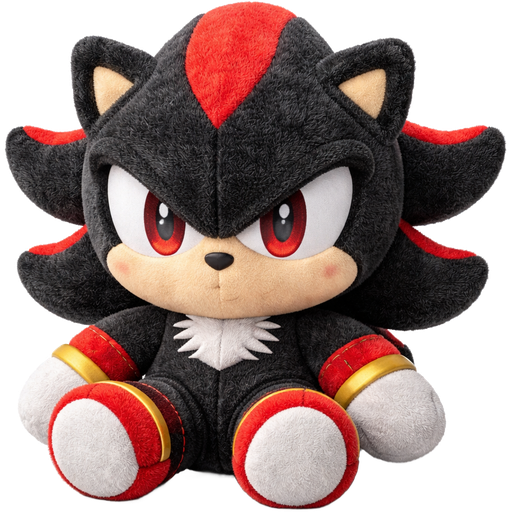 Emoji-style 3D render of a plush character inspired by Shadow the Hedgehog, stuffed animal plush appearance, soft fuzzy fabric texture, embroidered eyes, black plush fur with red accents, simplified plush spikes, rounded cuddly proportions, visible stitching seams, cozy plush aesthetic, clean white background, no vinyl, no plastic, no collectible figure look.