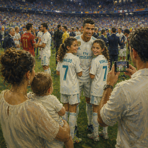 give me a mom holding her baby while the Dad is taking a picture of his too nine year-old twin daughters taking a picture with Cristiano Ronaldo and they’re wearing his jersey and they’re in a big stadium with other people around them, but the people around them are just talking to different soccer players