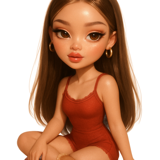 luxury glossy bratz doll romantic aesthetic, cinematic glow, crisp clean detail, glossy glam skin. brown eyed Petite girl, fair skin with soft freckles, long wide face with tall forehead, honey-golden almond wide-set upturned eyes, fluttery lashes, shimmer highlight, plush lips, bottom heavy lip, sweet Belle-princess vibe, long straight brunette hair with visible light blonde highlights, softly defined feminine body, softly defined body shape with full round bust, wearing a round necked SKIMS lace trim brick red romper, ugg mini boots, brick red & brown ombre almond shaped nails, small gold thick hoop earrings, toasty makeup, hair long straight & sleek low pony over shoulder, sitting. full body showing. Cozy romantic glow, soft warm lighting, pop-princess energy, shimmer highlight, sparkly glow