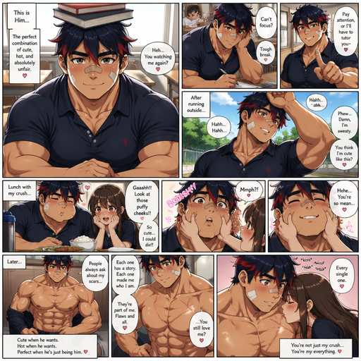 A Full page Anime Comic book story of the perfect combination of about of a MASCULINE and BULKY ANIME Cute Bara Man American 20 year old with a ROUND and BASIC facial structure and TENAGE BARA CUTE MALE that is the perfect Combination of Attractive and Cute and can be either one when he wants. Not to detailed With BIGGER and BUFFER than average PECS that are visible through the shirt and BICEPS and a big BANDAID on his nose and Left Cheek and Right Eye brow. Wearing a no piercings Baggy Cute and Perfect sized Polo shirt and Shorts and Navy Blue Hair and Bright Red Hair Tips and Strait with brown eyes and black eyebrows. Sitting down with his head still and his eyes looking up at you with a Hot, Cute and Dreamy smile And Balances Books on his head and doing other cute and Hot stuff in classrooms and Licking his lips Super Sweaty and Hot from his run outside And then Eating some food with his crush and she has cute aggression due to his puffy cheeks and the she squeezes his cheeks. And He staked off his shirt and talks about all the scars he has. And she Kisses them