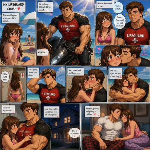 A Detailed ANIME COMIC BOOK of a Beefy and Bulky and Huge Beefy Pecs and Biceps and above average High schooler but Bulky and ANIME Cute Bara Big Bulky Beach Lifeguard Hunk Who looks Normal 20 year old American with a round facial Structure and ROUND and BASIC facial structure and No Facial Hair With Puffy and Big Pecs that are visible through the shirt and Biceps and Bandaid on his nose and slim and thin waist Wearing a Black and Red Swim shirt that is Tight around the waist. His crush Siting at the Beach he Pulls up in a Motorcycle and Drenched in sweat store with his Crush shocked and blushing while looking at him, looking Dreamy and Cute. And then he sits by her and she says your so hot and he says thanks your not to bad yourself and winks at her and then kisses her on the cheek. And she goes to the bathroom then his hair getting water out and drives his hand through his hair. And then she leans on him in the sand kisses him and he blushes and when they kiss and he Bear hugs her and She massages his Pecs and Biceps. She Goes to his house and they have a sleep over and he wears Pajama pants and A White shirt for Bed.