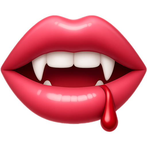 glossy pink lips with vampire teeth and a blood drop, sexy halloween aesthetic, modern iOS emoji style, 3D look, transparent background