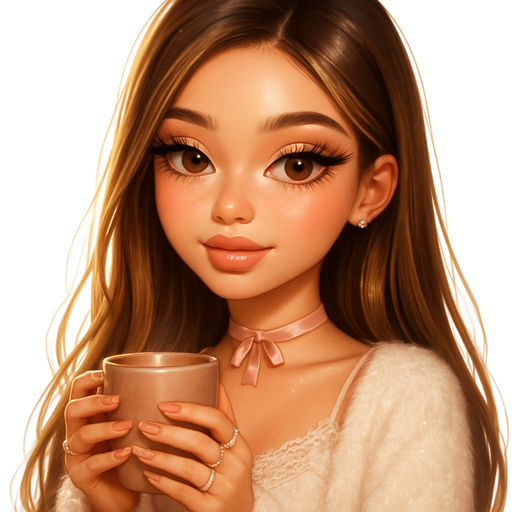 luxury glossy bratz-anime romantic aesthetic, warm cinematic glow, crisp clean detail, glossy glam skin. petite girl, warm soft-autumn tone, fair skin, honey-brown almond eyes, soft freckles, warm toasty glam makeup, glossy nude lips, flutter lashes, sweet Belle-princess vibe, long brunette honey balayage hair with visible light honey blonde highlights, sleek straight hair with lifted roots, pink gloss and doll lashes, white fuzzy cardigan and lace slip skirt, ribbon choker and pearl rings, holding warm drink with cozy smile, pop-princess energy, shimmer highlight, sparkly glow