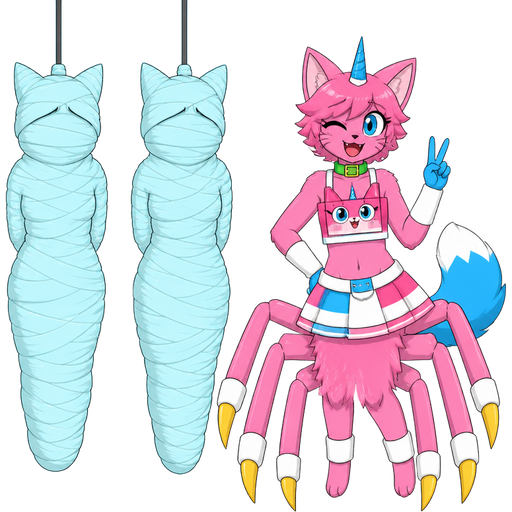 wrapped up and mummified fully covered in a #B8FFFF spider slik cocoon shaped like anthro female native cat anthro worried arms behind back with #B8FFFF spider slik wrappings completely covered with thick layers non-transparent #B8FFFF spider slik wrappings wrapped up and mummified fully covered in a #B8FFFF spider slik cocoon shaped like anthro female native cat anthro worried arms behind back with #B8FFFF spider slik wrappings completely covered with thick layers non-transparent #B8FFFF spider slik wrappings hanged to the ceiling on the left side next to wrapped up and mummified fully covered in a #B8FFFF spider slik cocoon shaped like anthro female native cat anthro worried arms behind back with #B8FFFF spider slik wrappings completely covered with thick layers non-transparent #B8FFFF spider slik wrappings hanged to the ceiling the left side next to happy anthro femboy pink cat drider with blue and white tail white wrists blue hands white ankles yellow tips on spider legs green collar blue unicorn horn wearing femboy clothing based on unikitty