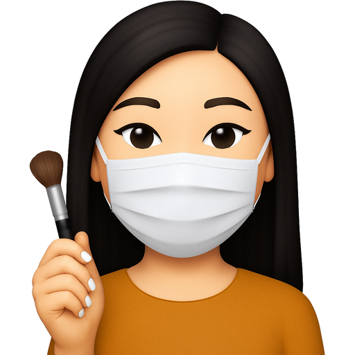 A white womene, long black and straight hair, Chinese,pretty!, with a mask and a little eyebrows brush in her hand, with a top as a shirt, and with white middle nails