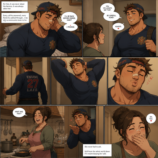A REALISTIC AND LIFELIKE Comic long STORY of a selfless Fireman who will do anything for his girlfriend Bulky but Muscular ANIME Cute Bara Man With Peach toned skin Who looks Normal and a huge and Masculine round facial Structure and Basic facial structure With Puffy and Big Pecs that are visible through the shirt and Biceps and Bandaid on his nose and Brown Spiky hair and His Hair Curls At the tip of strands. Wearing a nice long sleeved clothing and has a Hairy MANLY body and Small STUBBLE beard. Fireman baseball hat bacwards. Walks out of the room and stretching and Making kissy faces to his mom making her laugh while she‘s making dinner