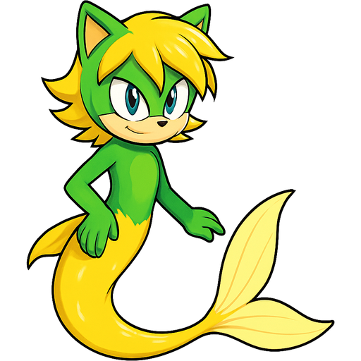 Male green anthro cat with yellow hair with long yellow and white mermaid tail with light yellow fins sonic x style artistic creation, beautiful art