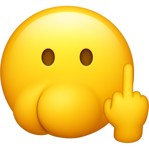 Straight faced Emoji mostly turned around showing butt cheeks on the back of its head while flipping the camera off