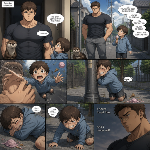 A DETAILED AND LIFELIKE ANIME Comic Book story view of a Bulky but Muscular ANIME Cute Bara Man With Peach toned skin Who looks Normal aind round facial Structure and Basic facial structure With Puffy and Big Pecs that are visible through the shirt and Biceps and Bandaid on his nose and Brown short hair. With A realistic otter and baby brother. And He doesn’t like his baby brother And he goes and take his baby brother to the park and on the way there the baby talks about how great he is. And the baby flies at a Streetlight and leans on it wheezing with the ice cream flying out of his hand. And he purposly made The baby fly from his grasp and lays on his side crying an slowly getting up. And realizes that he never loved him, and never will